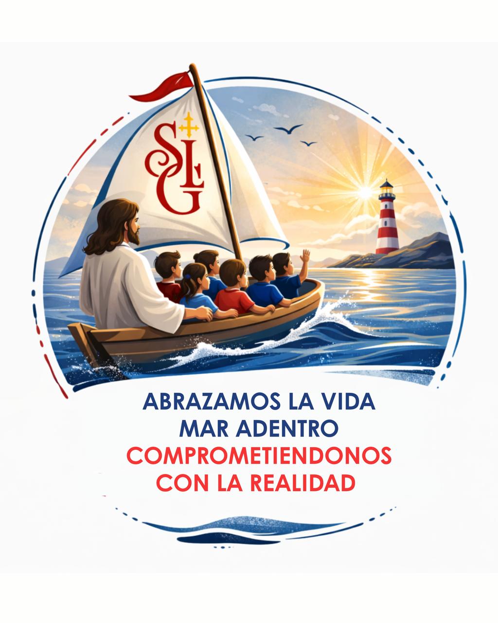 Ilustración del lema 2026: niños navegando junto a Jesús hacia un faro, con el logo SLG en la vela